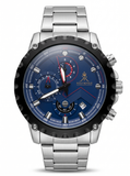 Avalon Midnight Blue watch with a blue chronograph dial and silver bracelet, front view.
