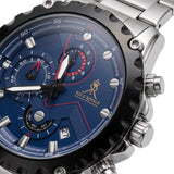 Close-up of Avalon Midnight Blue watch with blue chronograph dial.