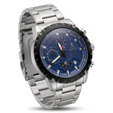 Avalon Midnight Blue watch with silver bracelet, angled view.