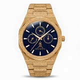 Melrose Haze frosted gold watch with a blue stardust dial and gold bracelet, front view.