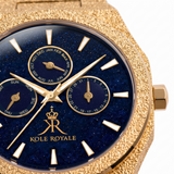 Close-up of the Melrose Haze frosted gold watch and blue stardust dial.