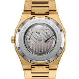 Back of the Melrose Haze frosted gold watch showing its caseback.