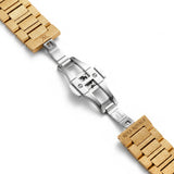 Open bracelet and clasp of the Melrose Haze frosted gold watch.