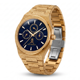Melrose Haze frosted gold watch with blue stardust dial and bracelet, angled view.