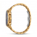 Side profile of Laguna Drip gold watch with blue dial and bracelet.