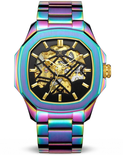 Malibu Savage neo chrome watch with skeleton dial and iridescent bracelet, front view.