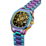 Malibu Savage neo chrome skeleton watch and iridescent bracelet, angled view.