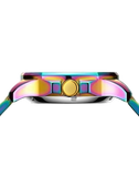 Side profile of Malibu Savage neo chrome watch showing the iridescent case and gold crown.