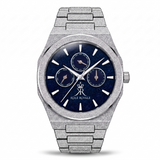 Melrose Haze frosted silver watch with a blue stardust dial and silver bracelet, front view.