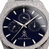 Close-up of the Melrose Haze frosted silver watch and blue stardust dial.