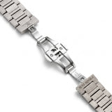 Open bracelet and clasp of the Melrose Haze frosted silver watch.