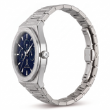 Side view of the Melrose Haze frosted silver watch and bracelet.