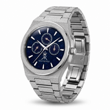 Melrose Haze frosted silver watch with blue stardust dial and bracelet, angled view.