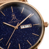 Close-up of Venice Stardust rose gold watch with blue stardust dial.
