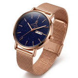 Venice Stardust rose gold mesh watch, angled view.